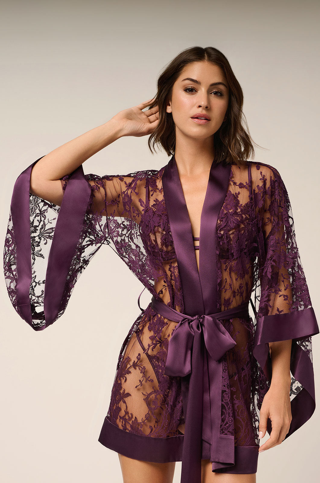 Semi-sheer lace kimono style robe with silk detail and tie close up front view 