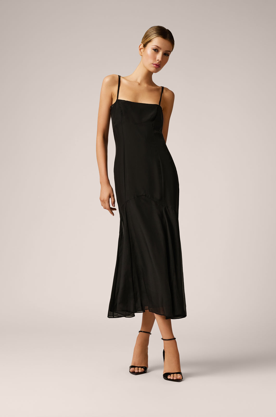 sheer spaghetti strap midi long chiffon dress front view