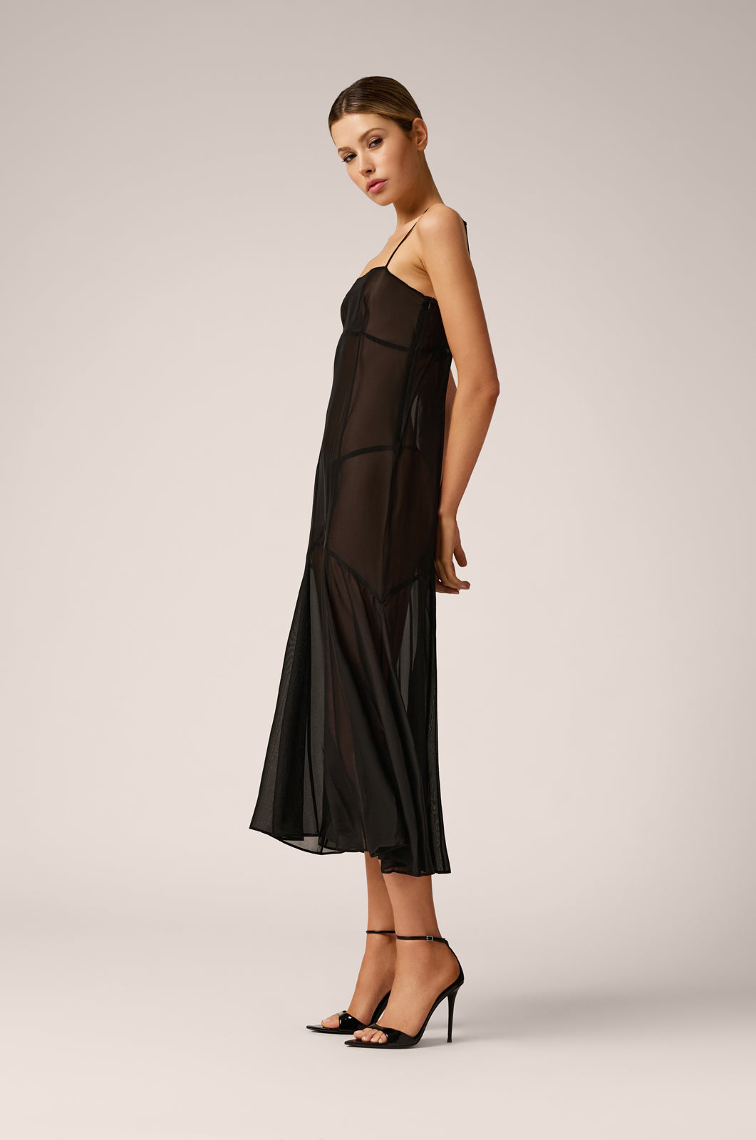 sheer spaghetti strap midi long chiffon dress side view