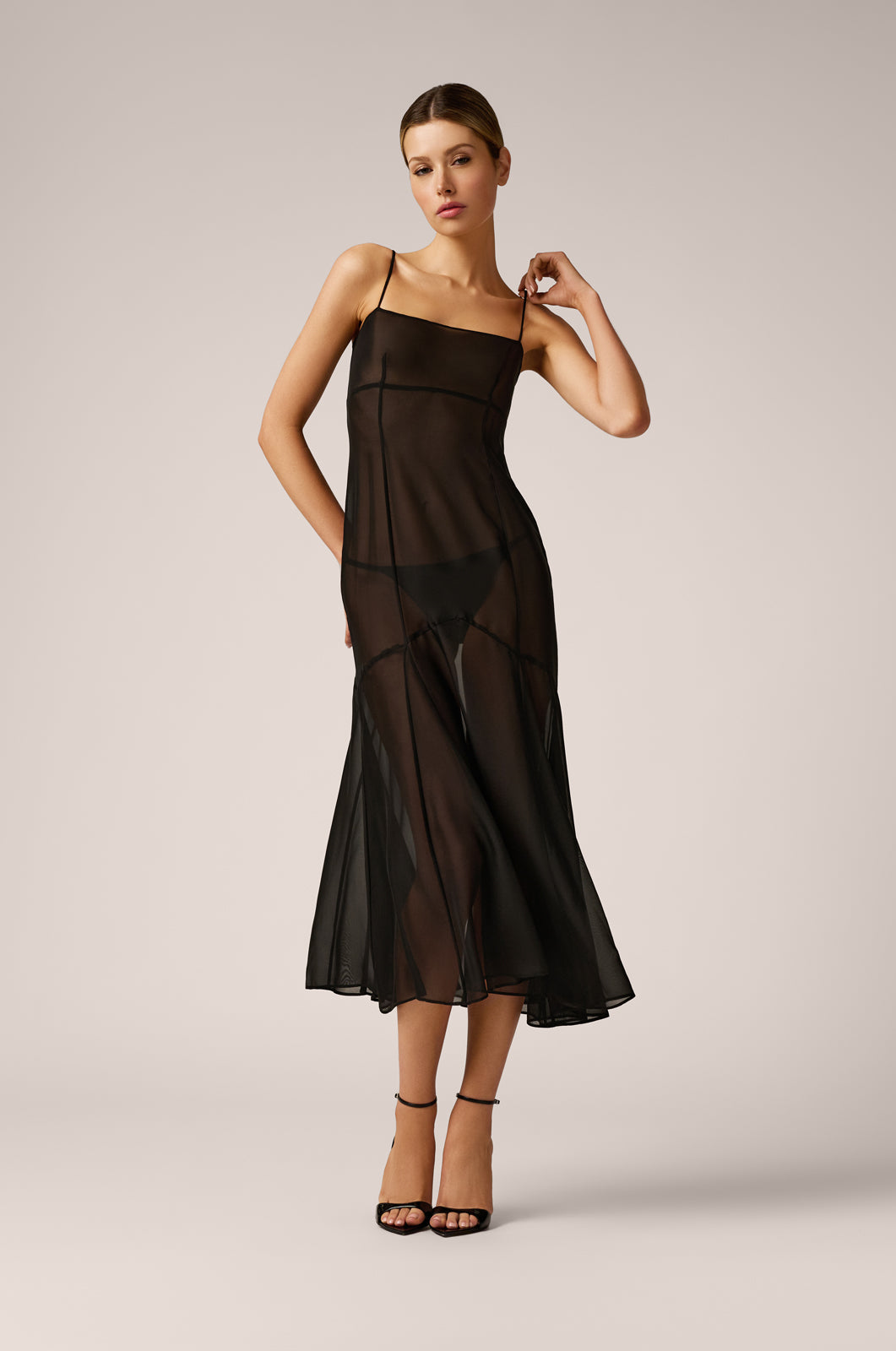 sheer spaghetti strap midi long chiffon dress front view