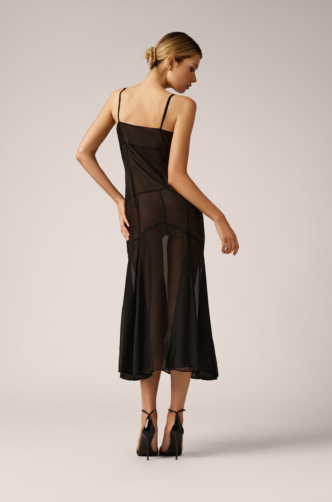 sheer spaghetti strap midi long chiffon dress back view