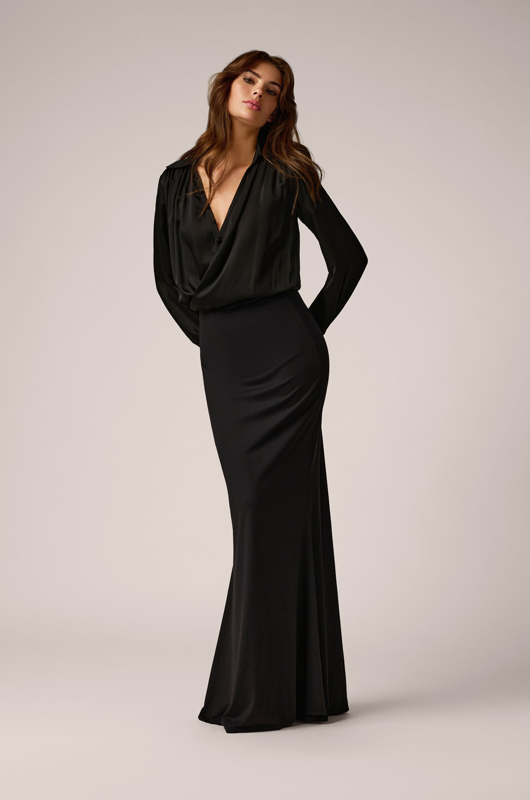 Long sleeve crossover gown plungling neckline front view