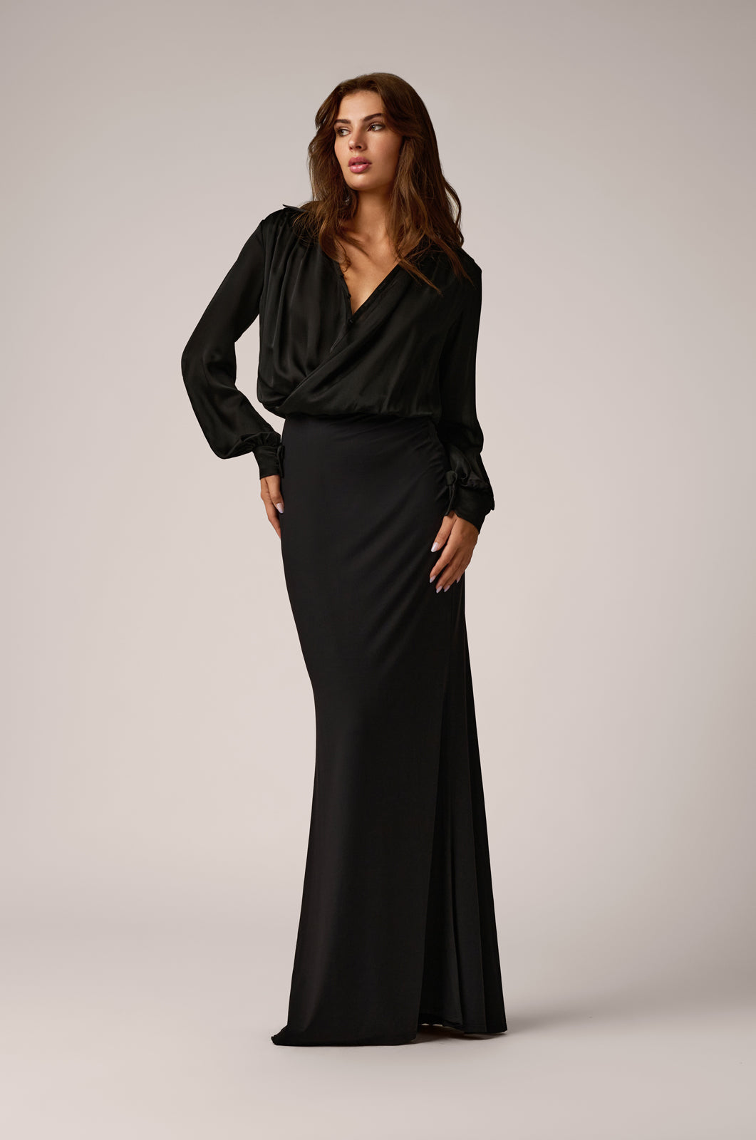 Long sleeve crossover gown plungling neckline front view