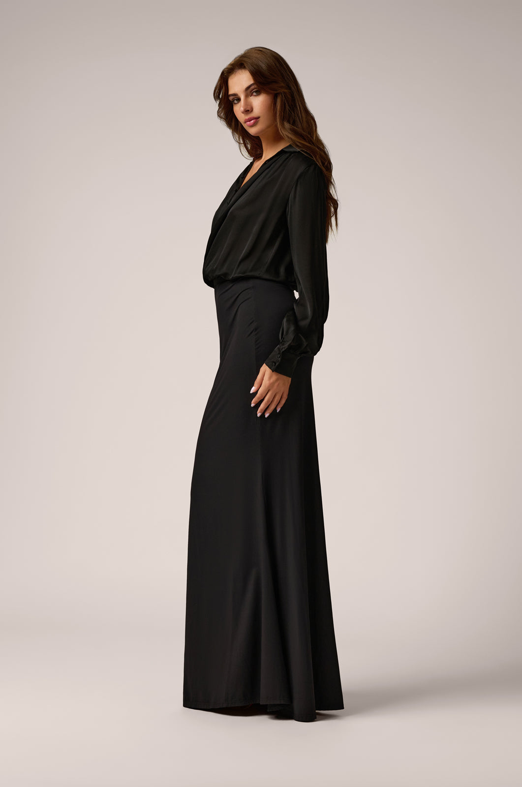 Long sleeve crossover gown plungling neckline side view