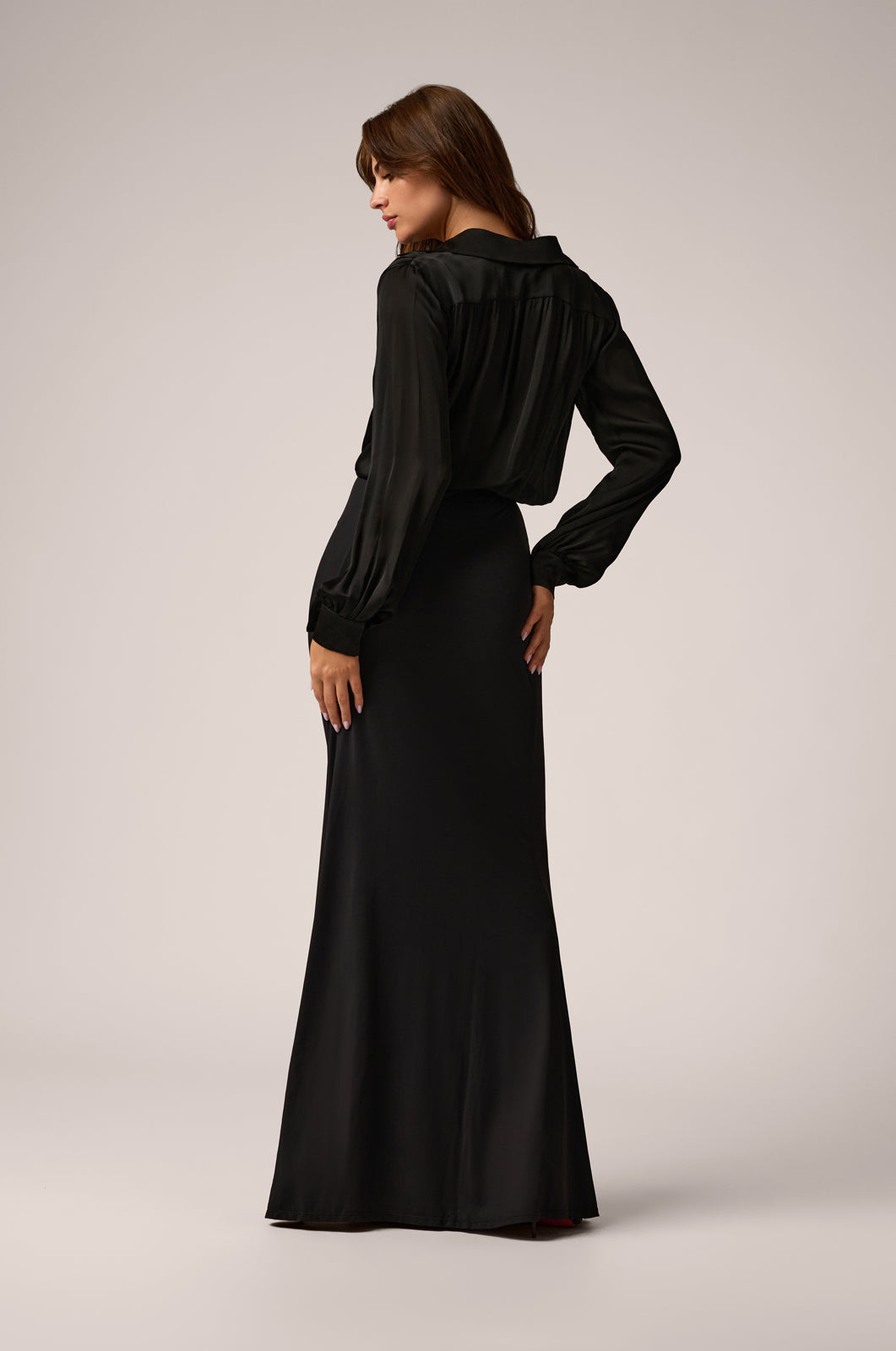 Long sleeve crossover gown plungling neckline back view