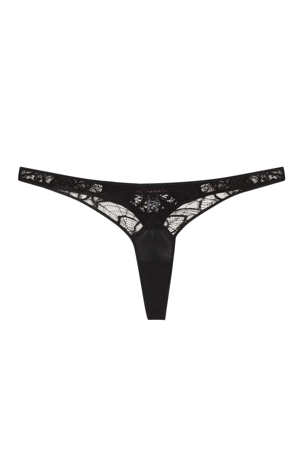 Low waist sheer black lace thong flat lay