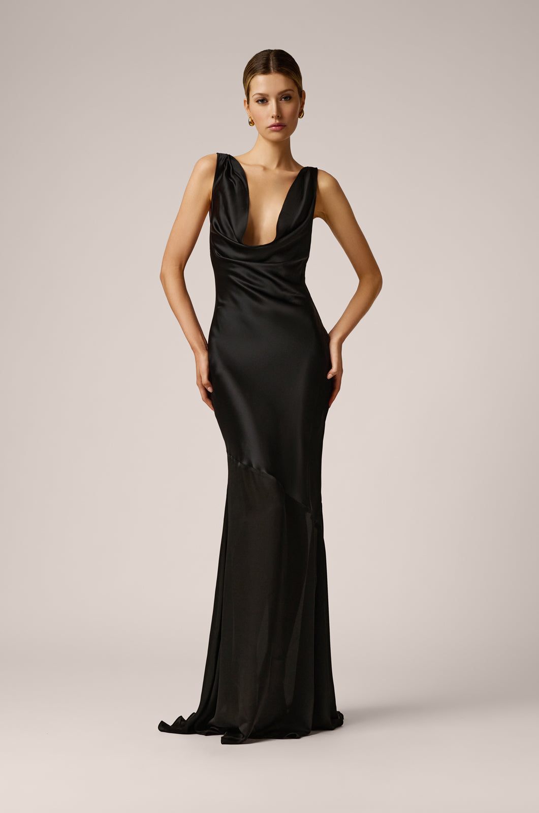 cowl neck bias cut low back long gown  front view 