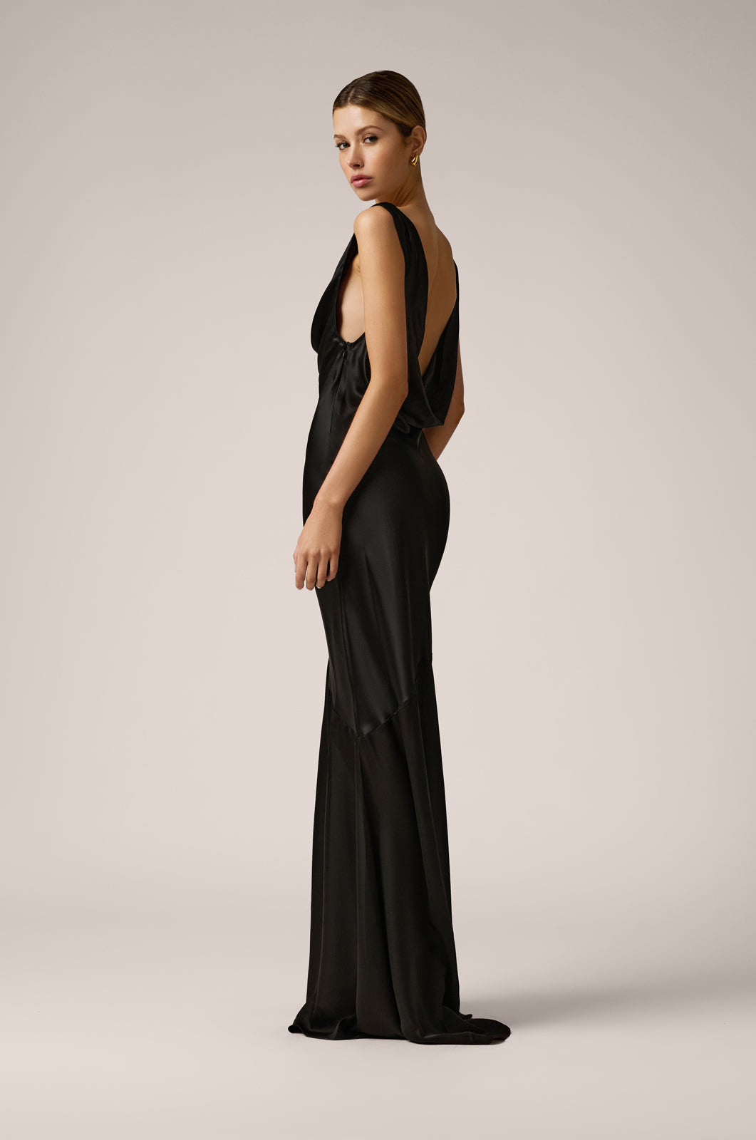 cowl neck bias cut low back long gown  side view