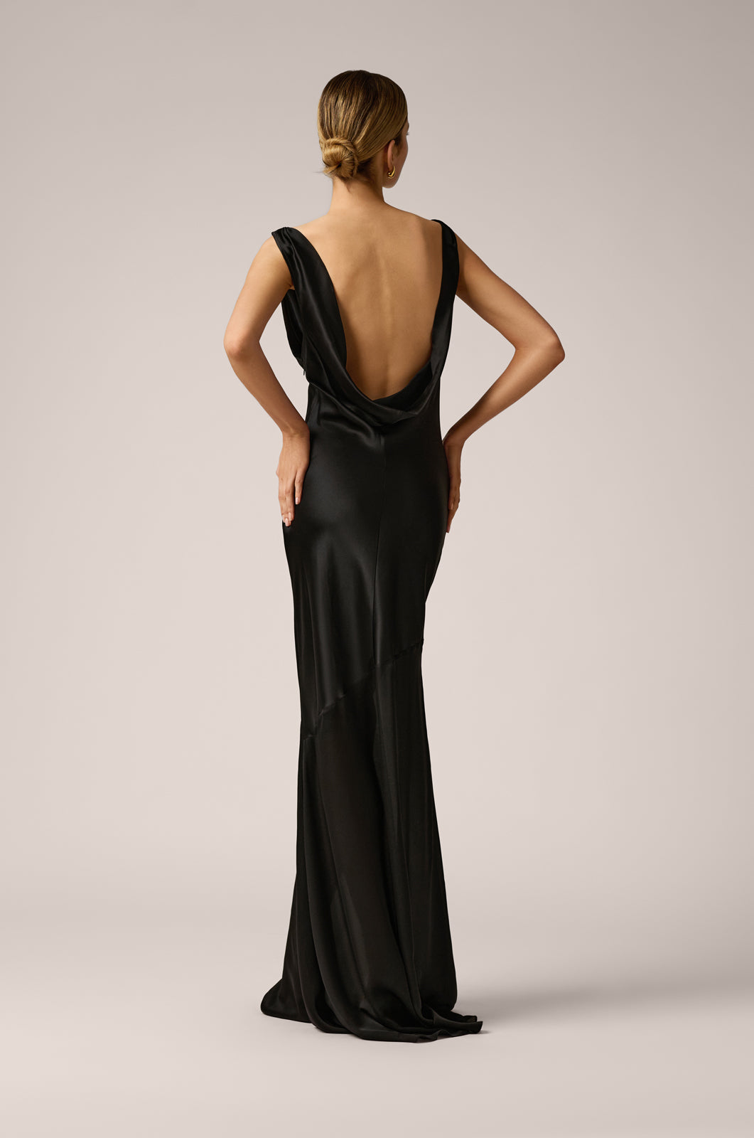 cowl neck bias cut low back long gown  back view