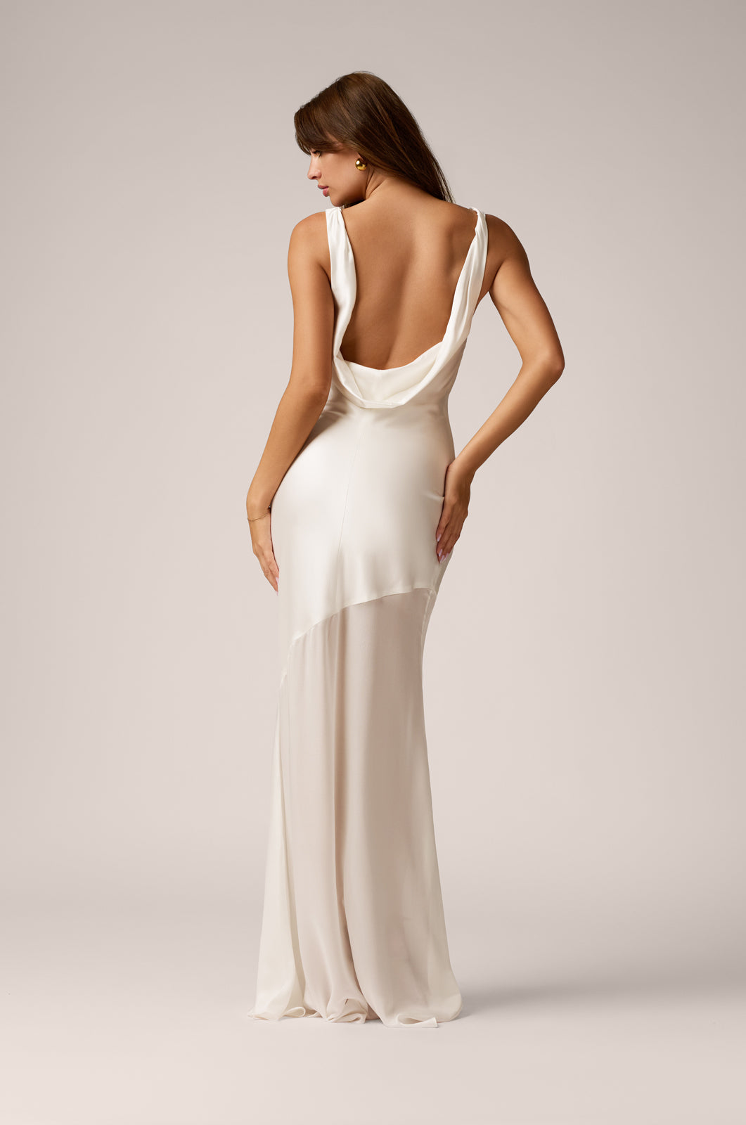 cowl neck bias cut low back long gown  back view