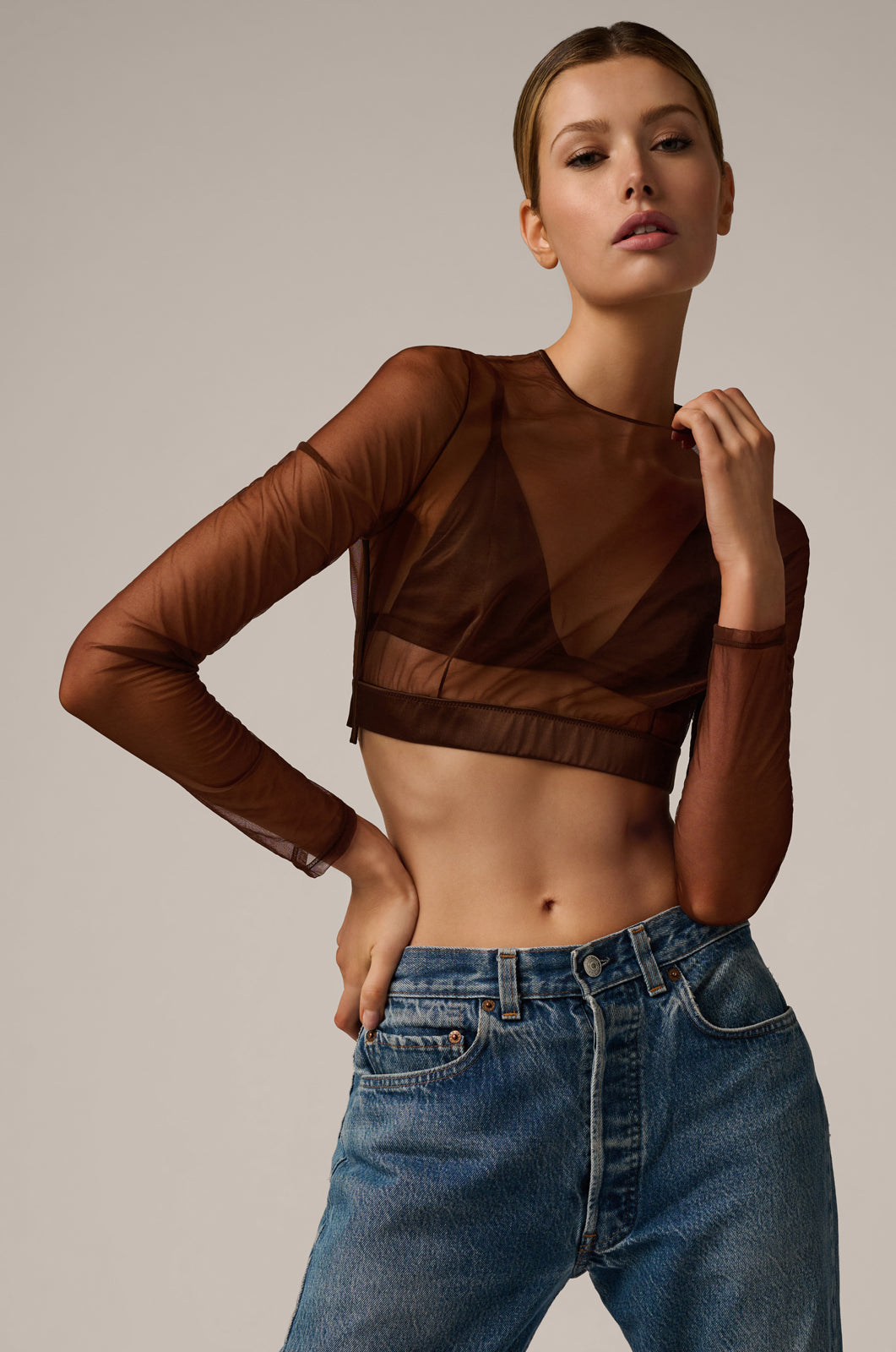 Sheer cropped long sleeve see through top front view