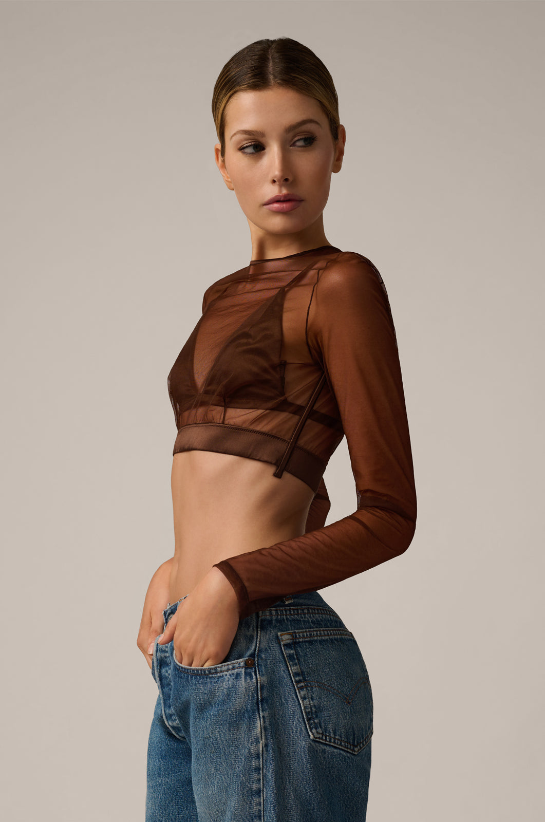 Sheer cropped long sleeve see through top side view