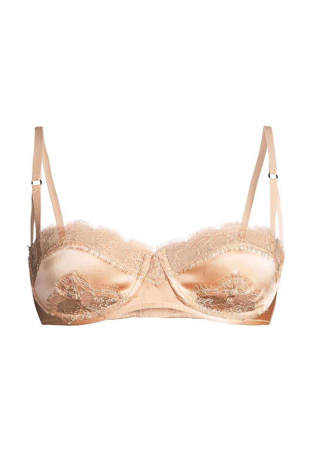 Silk balconette bra with blush French lace trim flat lay