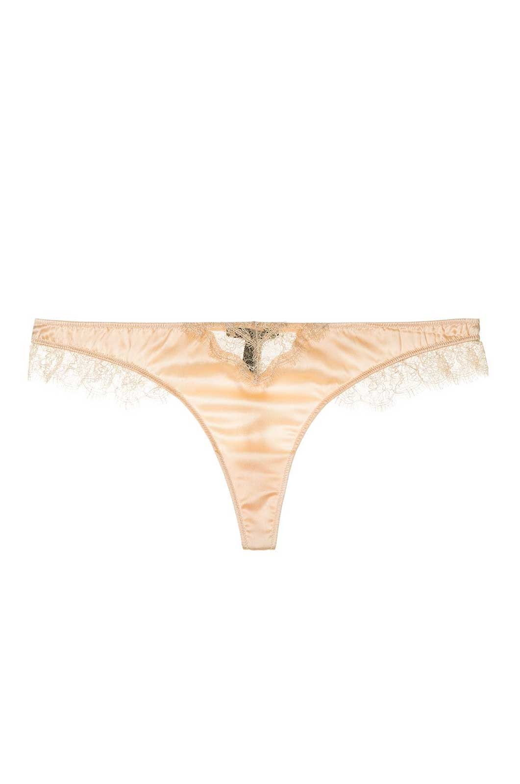 Lace Inset thong with blush French lace trim on front and sides flat lay