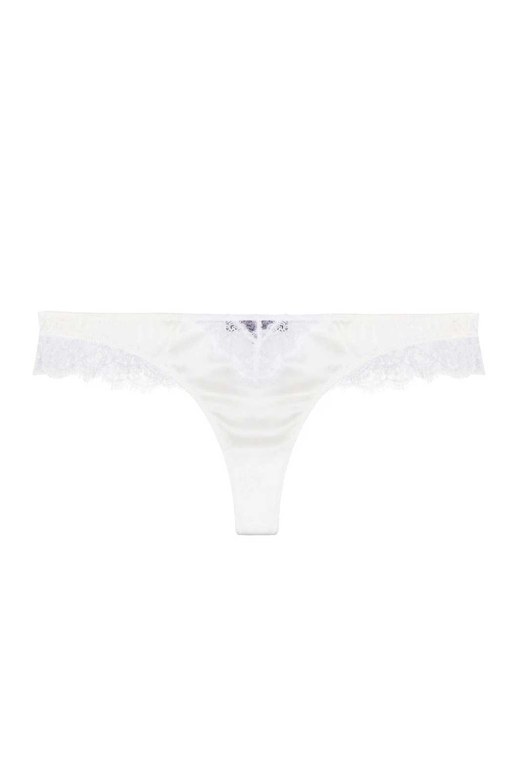 Ivory lace Inset thong with ivory French lace trim on front and sides flat lay