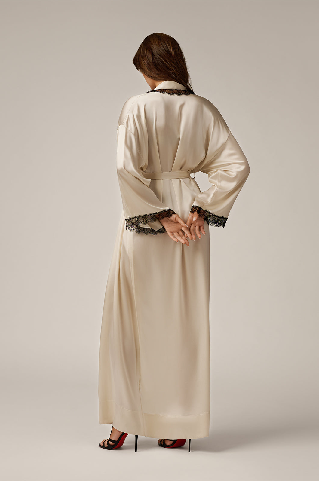 Floor length silk charmeuse robe lace inset tie belt back view