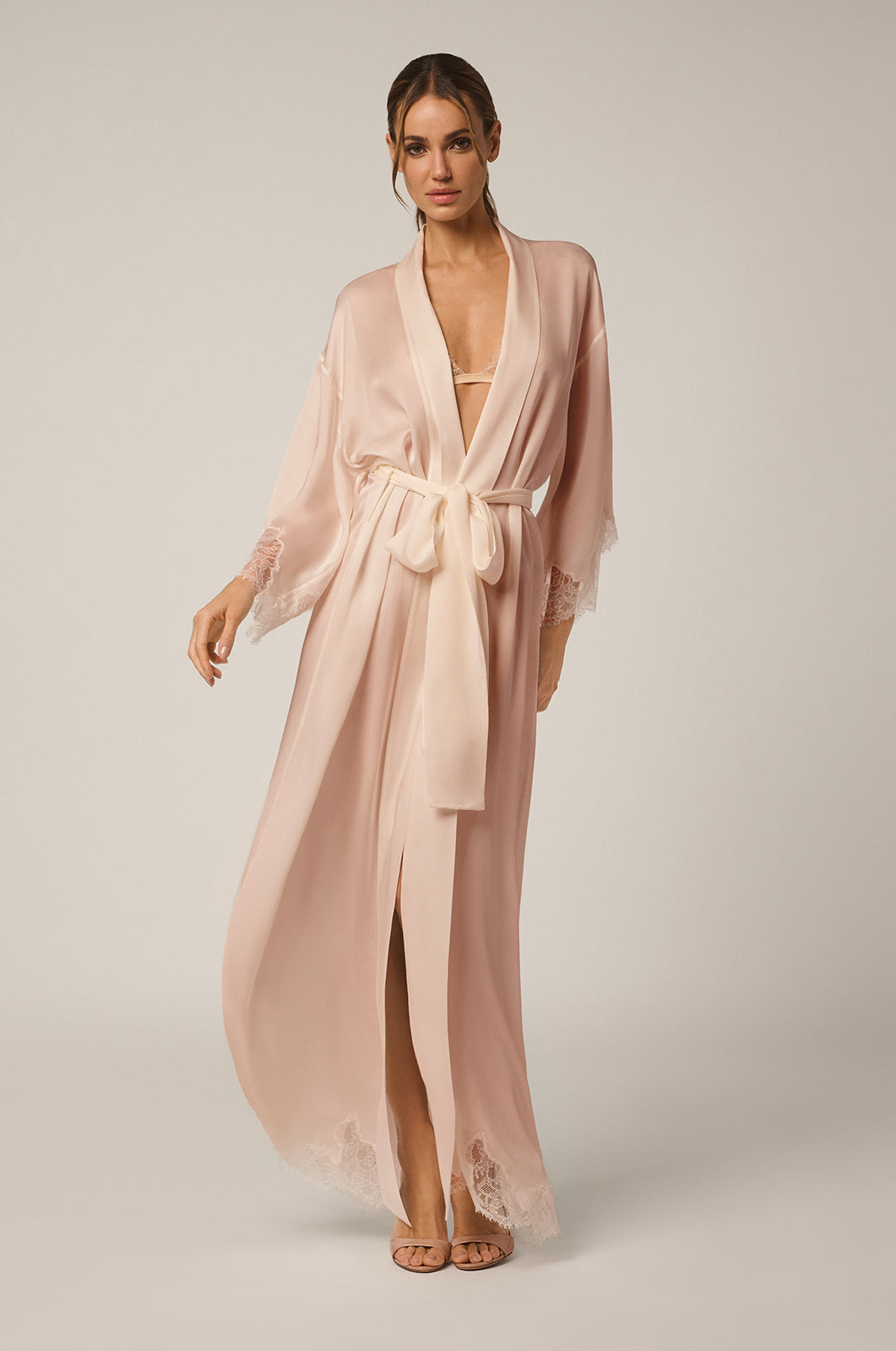 Silk long robe with lace details front view