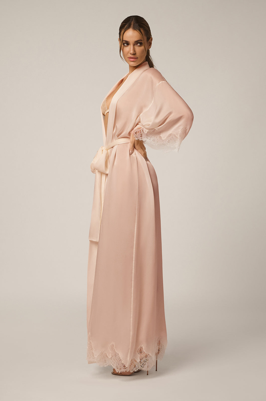 Silk long robe with lace details side view