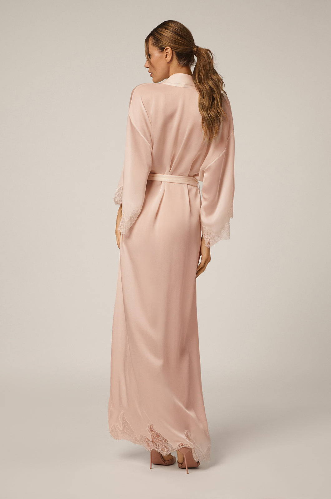 Silk long robe with lace details back view